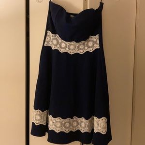 Strapless navy and white dress